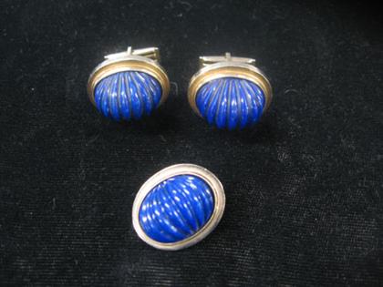 Appraisal: Lapis cufflinks and tie pin Ribbed oval shaped lapis pieces