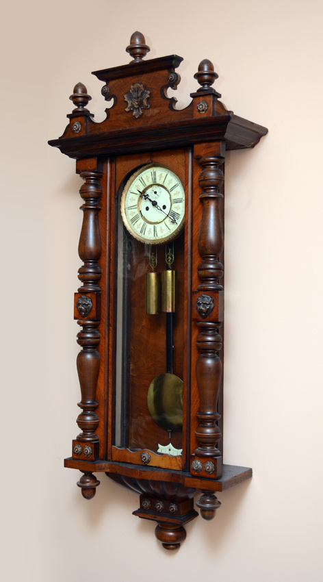 Appraisal: WALNUT DOUBLE WEIGHT VIENNA REGULATOR WALL CLOCK Removable pediment with