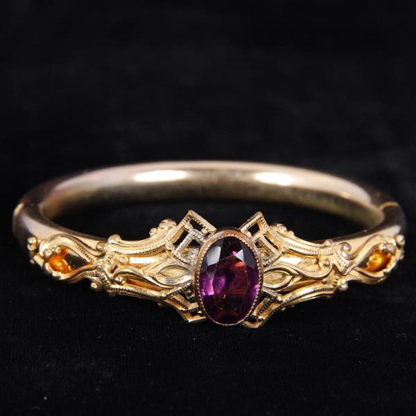 Appraisal: Victorian Jeweled Gold Filled Hinged Bangle Bracelet with large amethyst