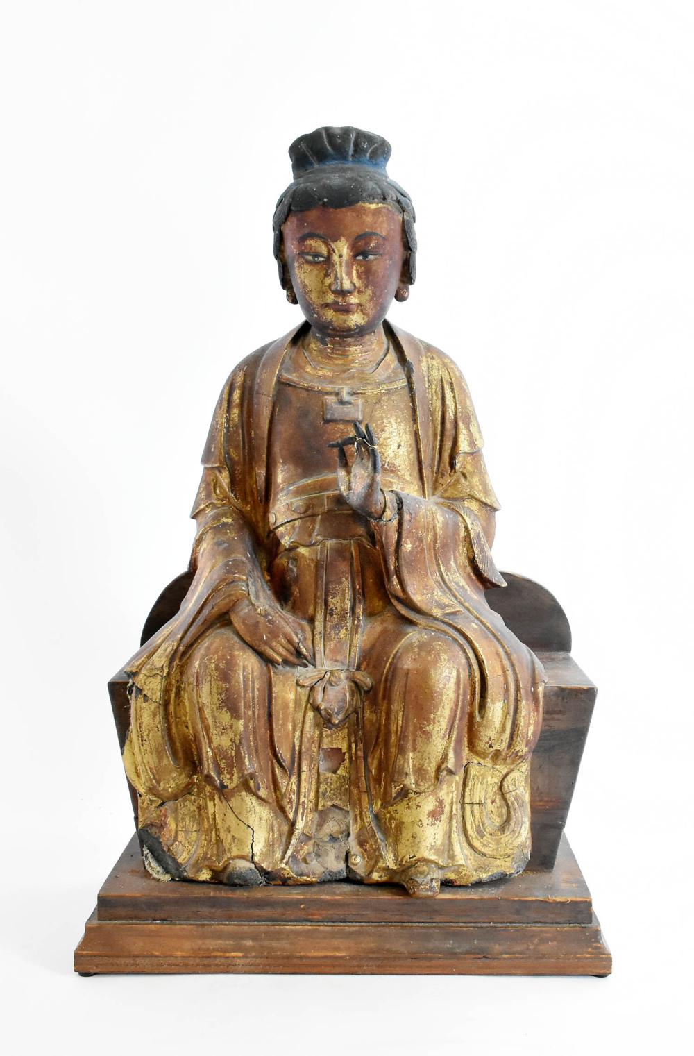 Appraisal: CHINESE GILT LACQUER SEATED BUDDHA th th Century Draped in