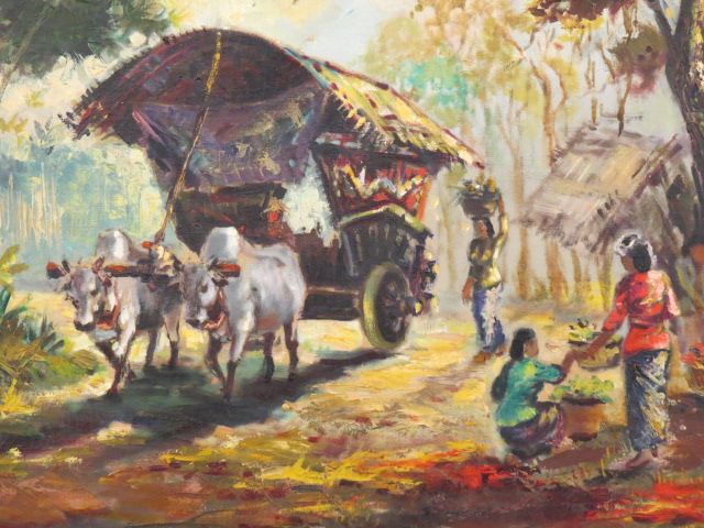 Appraisal: Oil on Canvas scene of villagers oxen cart image area