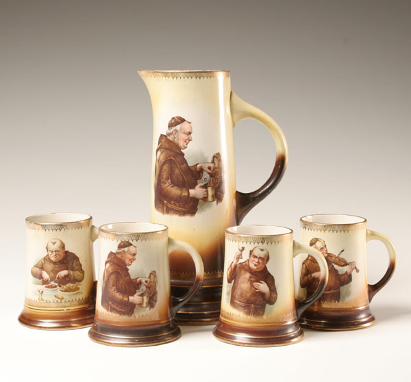 Appraisal: Tavern pitcher and four mug set Lebeau Porcelaine transfer friars