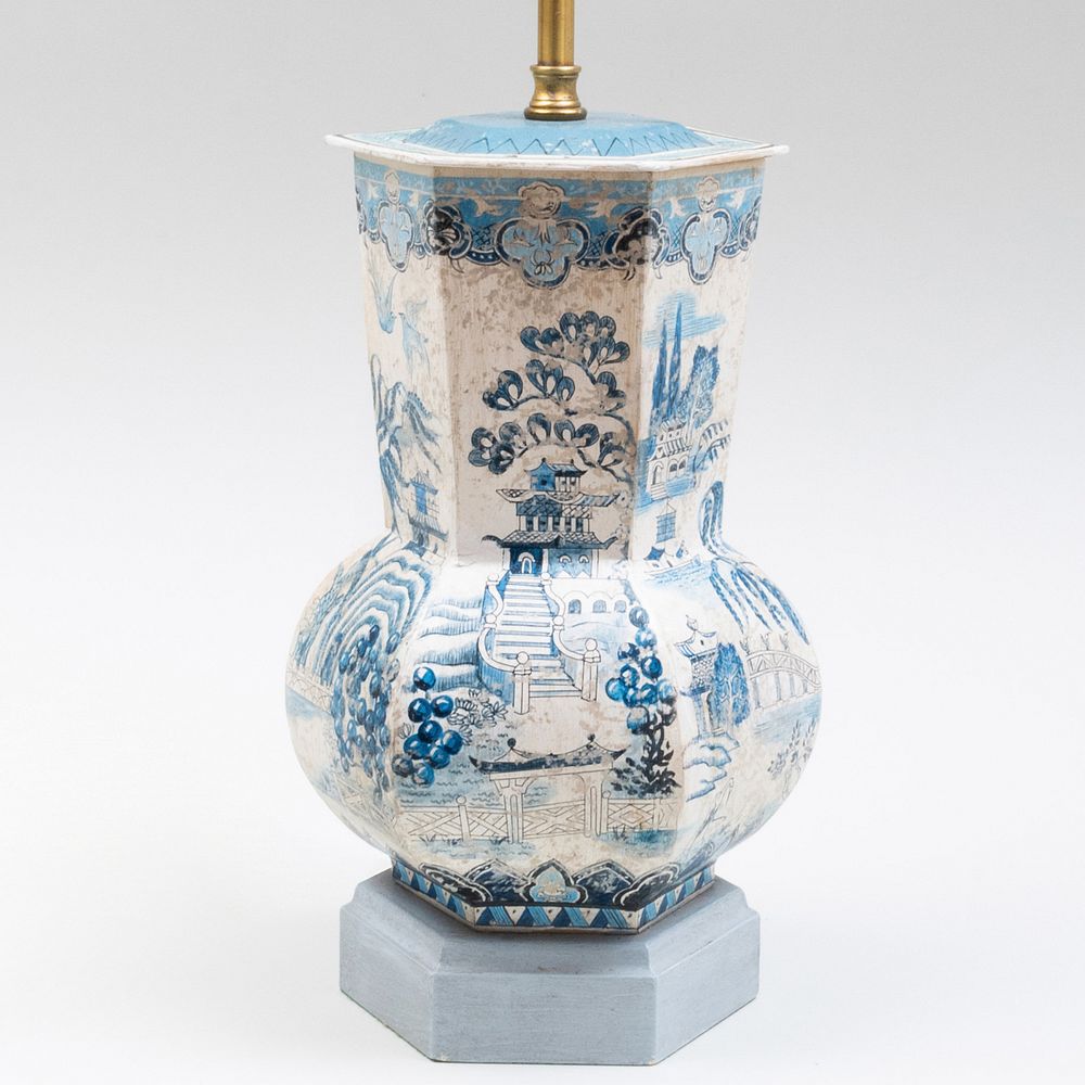 Appraisal: Papier M ch Blue and White 'Blue Willow' Decorated Lamp