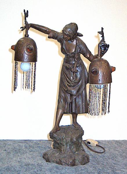 Appraisal: A patinated metal figural lamp early th century Modeled as