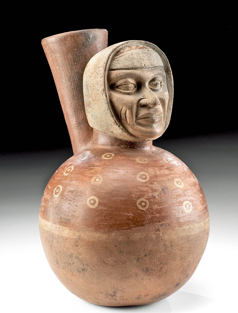 Appraisal: Moche Polychrome Figural Vessel w Veristic Visage Pre-Columbian North Coast