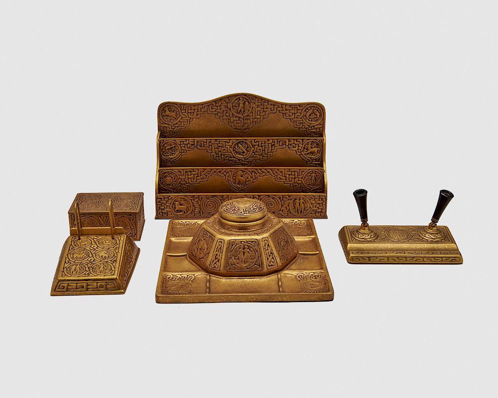 Appraisal: TIFFANY STUDIOS Five Piece Gilt Bronze Desk Set Zodiac Pattern