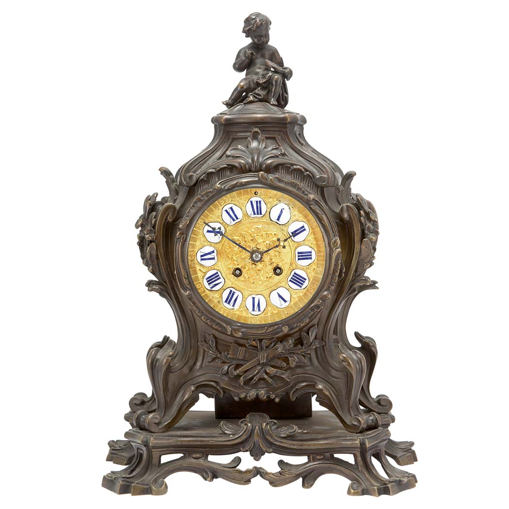 Appraisal: Transitional Louis XV XVI Style Bronze Mantel Clock Of cartouche