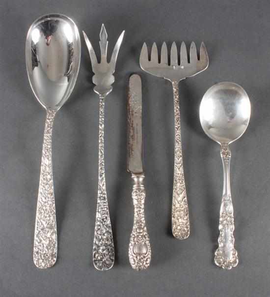 Appraisal: Five pieces of American repousse and other sterling silver flatware