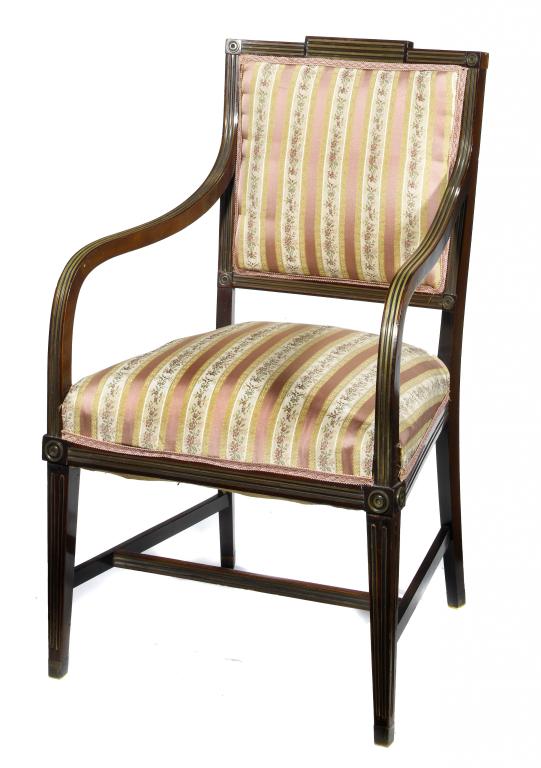 Appraisal: A FRENCH BRASS-INLAID MAHOGANY ARMCHAIR the fluted back with padded