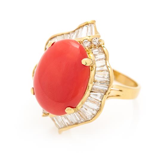 Appraisal: Sale Lot A Karat Yellow Gold Coral and Diamond Ring