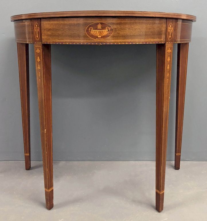 Appraisal: Baltimore Hepplewhite Style Demi-Lune Table Baltimore Hepplewhite style mahogany inlaid