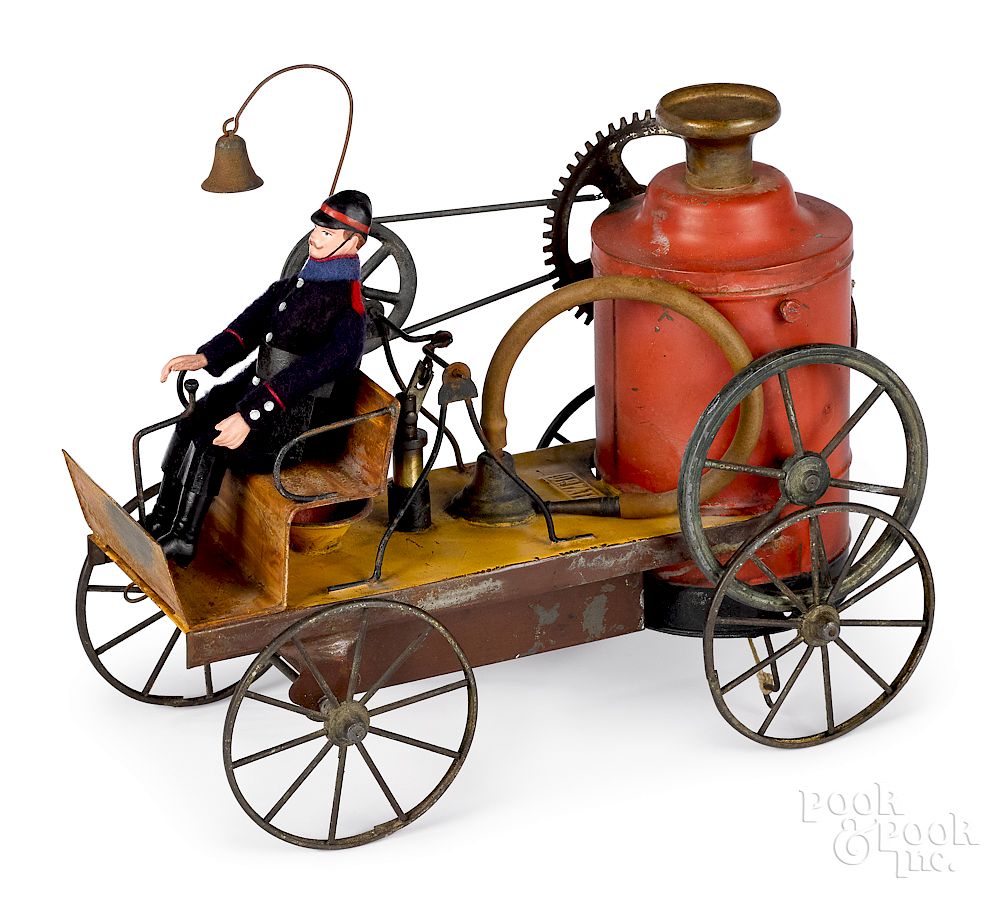 Appraisal: French clockwork horseless carriage fire pumper Early French painted tin