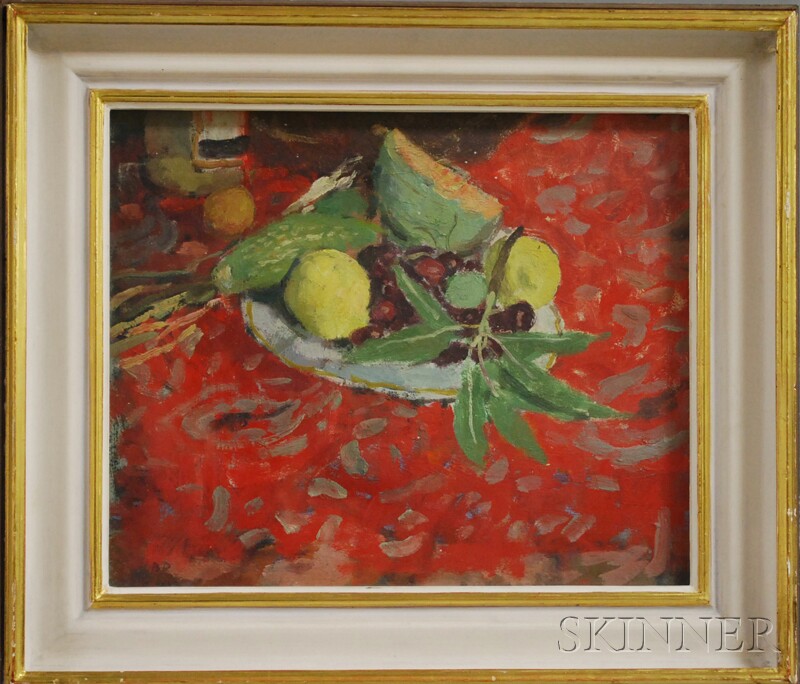 Appraisal: Bernard Dunston British b Still Life on Red Tablecloth Initialed