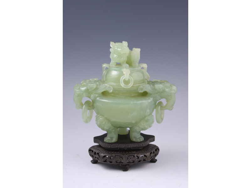 Appraisal: Pale Jade Chinese Censer th c three-legged form with two