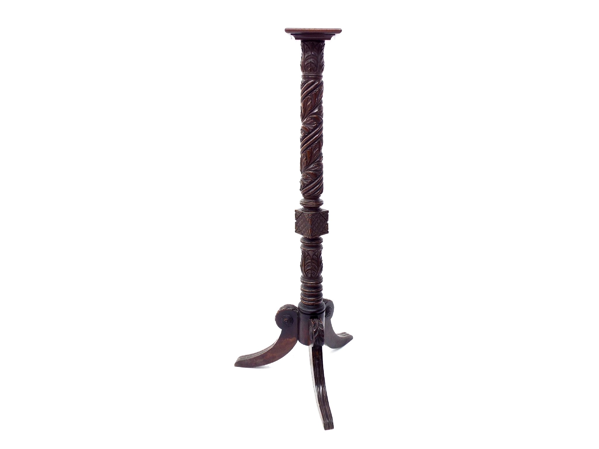 Appraisal: th century carved mahogany torchere with barley twist acanthus column