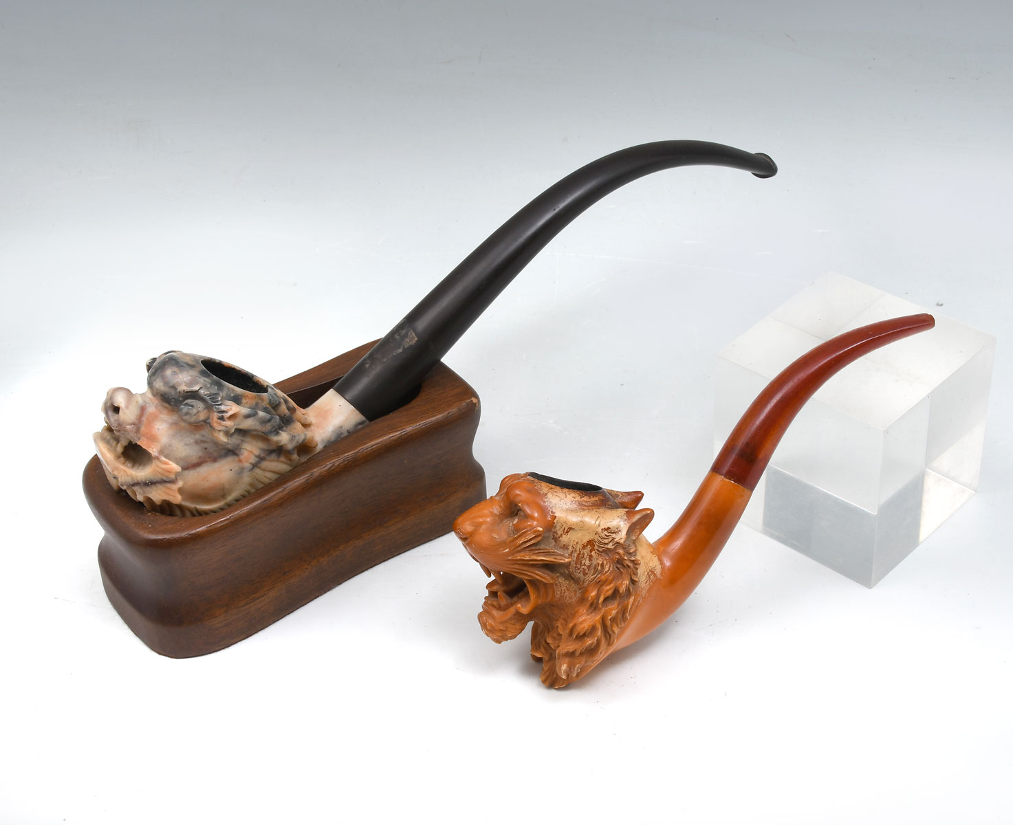 Appraisal: MEERSCHAUM TIGER AND SOAPSTONE DRAGON PIPES Largest Approx '' l