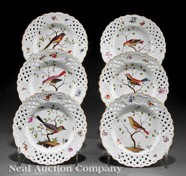 Appraisal: A Set of Six Antique German Porcelain Ornithological Dessert Plates