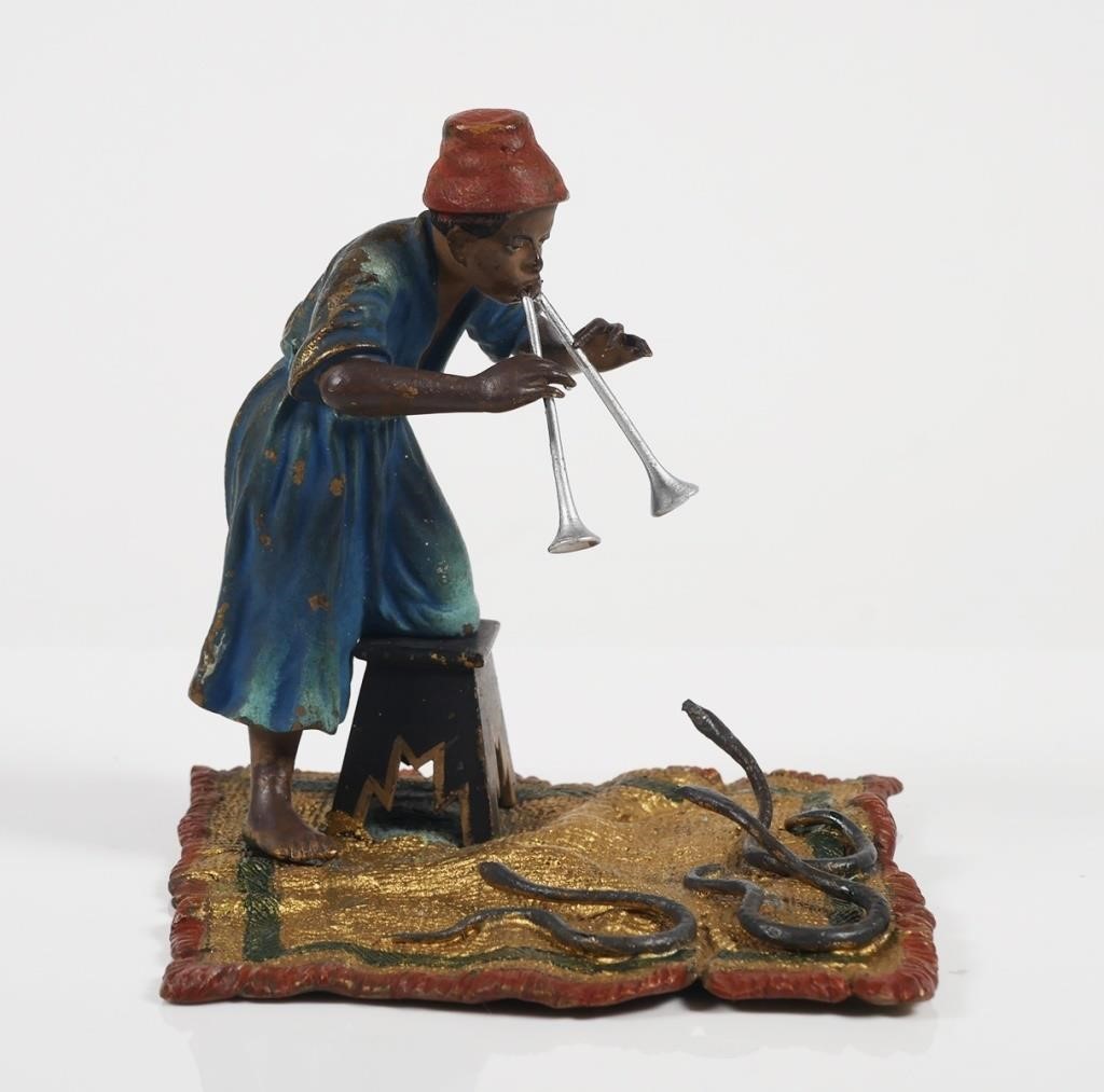 Appraisal: Antique cold painted bronze orientalist snake charmer with three snakes