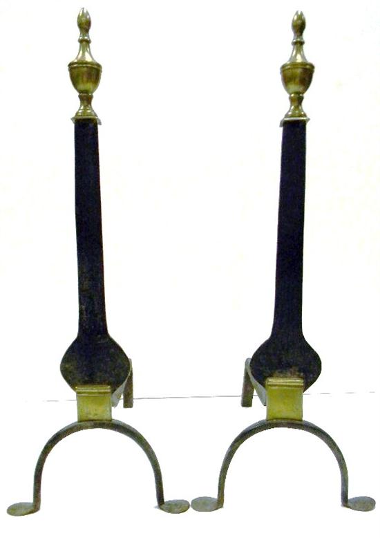 Appraisal: Pair Federal style urn-topped knife blade form brass andirons penny