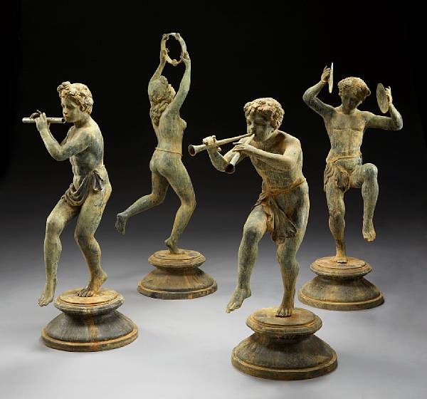 Appraisal: A set of four patinated bronze figures of putti musicians