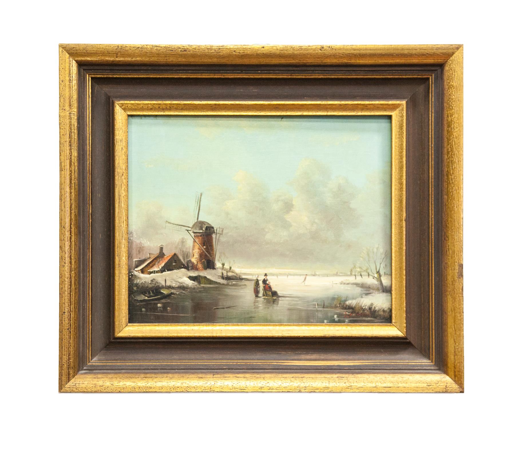 Appraisal: FRAMED OIL ON BOARD SNOWSCAPE European th century Figures skating