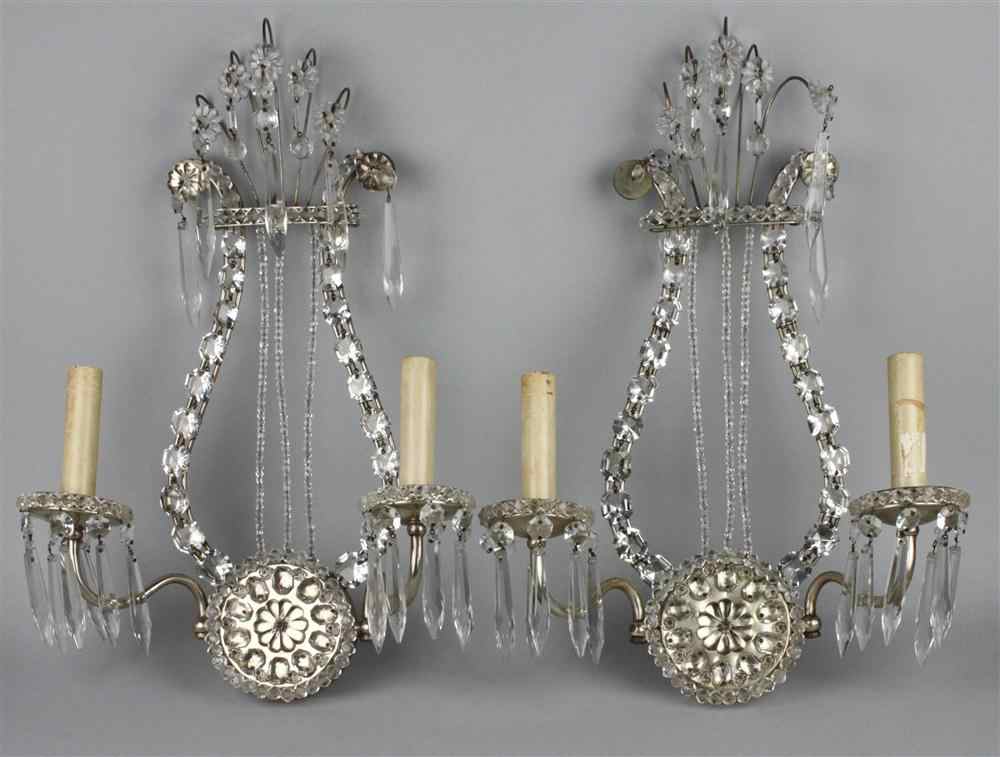 Appraisal: PAIR OF GLASS AND METAL LYRE FORM WALL LIGHTS each