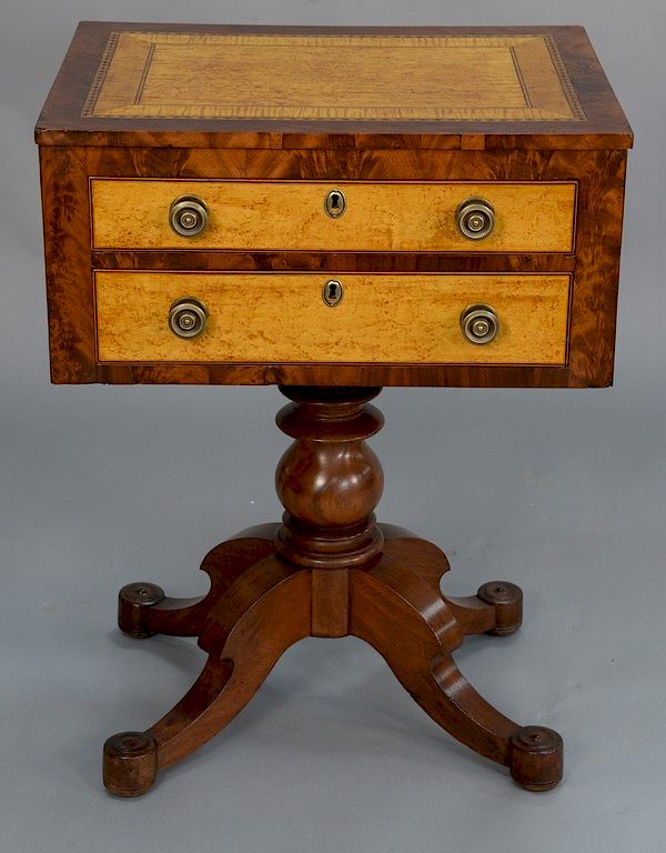 Appraisal: Federal mahogany and curly maple two drawer stand on pedestal