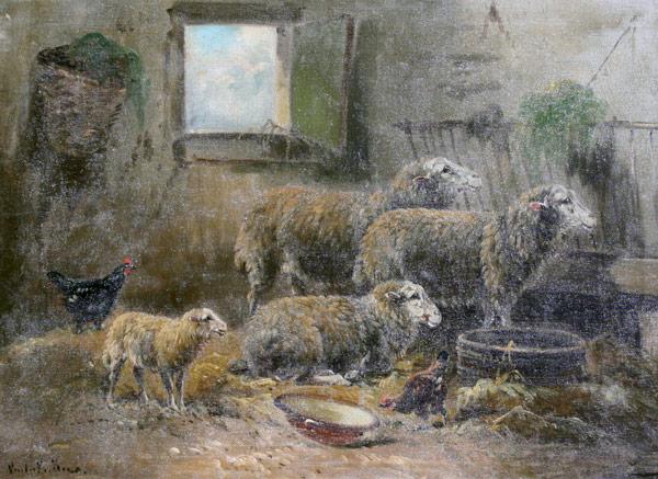 Appraisal: ILLEGIBLY SIGNED BARN INTERIOR WITH SHEEP HENS Oil Canvas ''