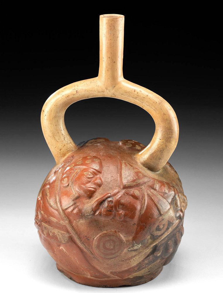 Appraisal: Moche Pottery Stirrup Jar w Fighting Scene - TL Tested