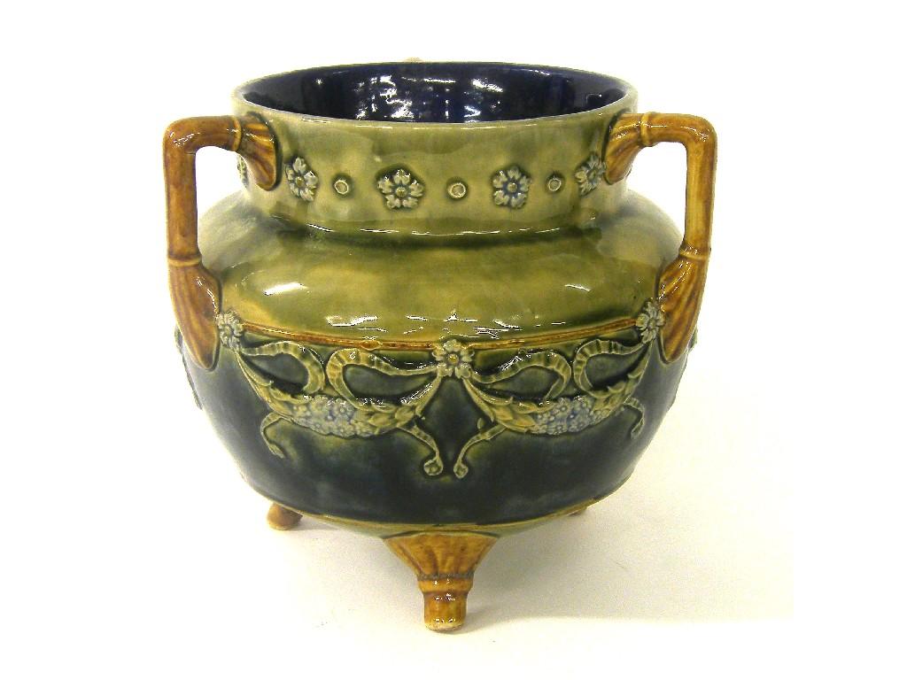 Appraisal: Doulton Lambeth stoneware glazed cauldron vase decorated in relief with