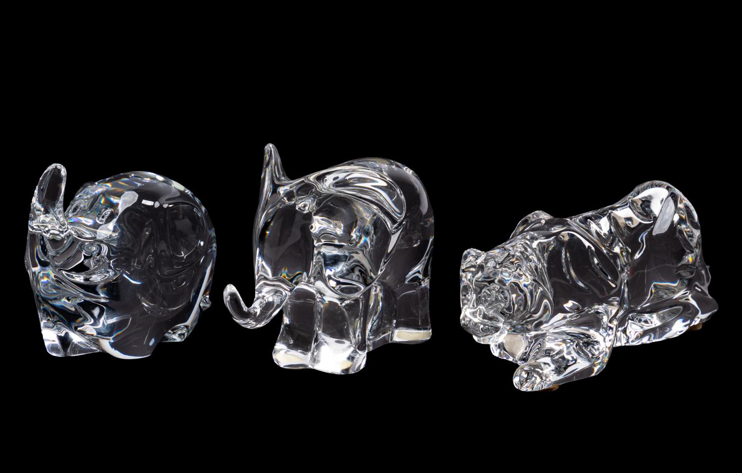 Appraisal: BACCARAT CRYSTAL ANIMALS ELEPHANTS TIGER Group of three Baccarat crystal