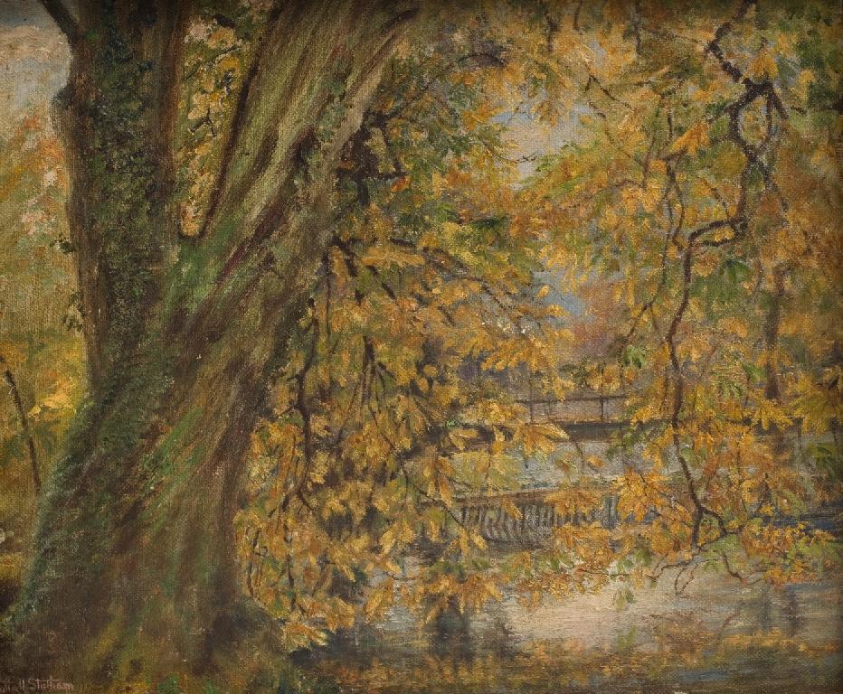 Appraisal: ENGLISH SCHOOL c BRIDGE BY A WOODED STREAM OIL ON