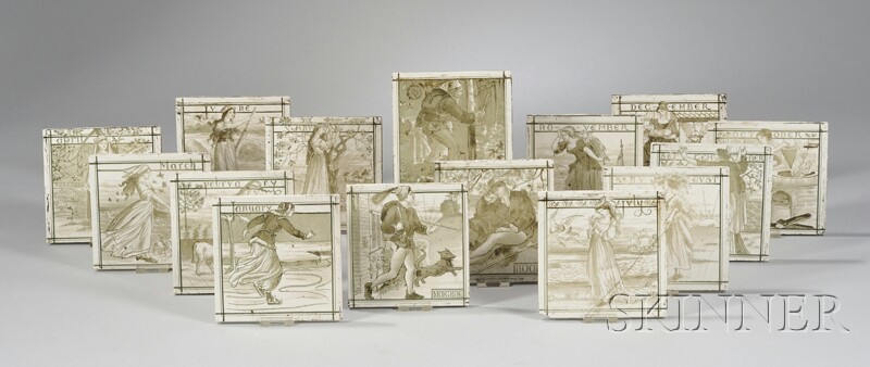 Appraisal: Set of Twelve Mintons Hollins Hand-painted Ceramic Months Tiles and