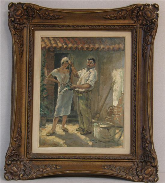 Appraisal: Jerome Ostrog 'Weighing the fish' signed oil on wooden panel