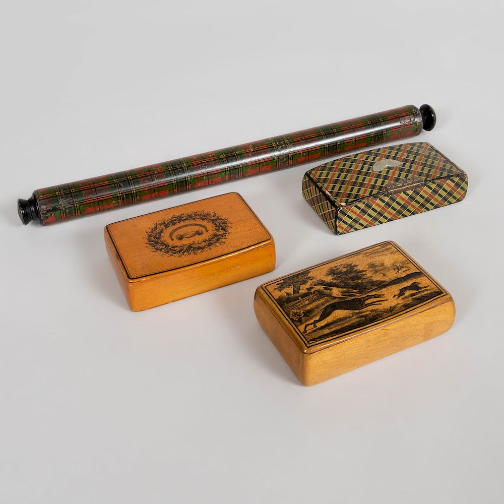 Appraisal: Two English Transfer Printed Wood Snuff Boxes and Two Tartan