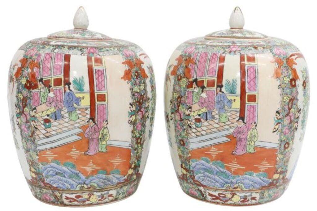 Appraisal: pair Chinese rose medallion porcelain lidded melon jars th c