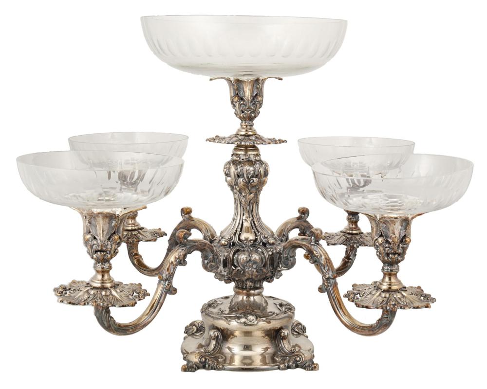 Appraisal: A Continental silver-plated epergne th Century With a sliver-plated foliate-style