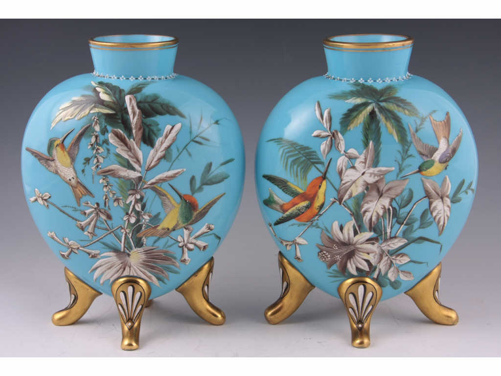 Appraisal: Pair of Bristol Glass Vases blue field with beautifully hand-painted