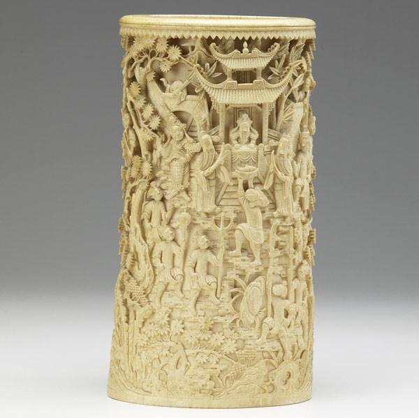 Appraisal: Carved ivory tusk section th C Profusely carved with Asian