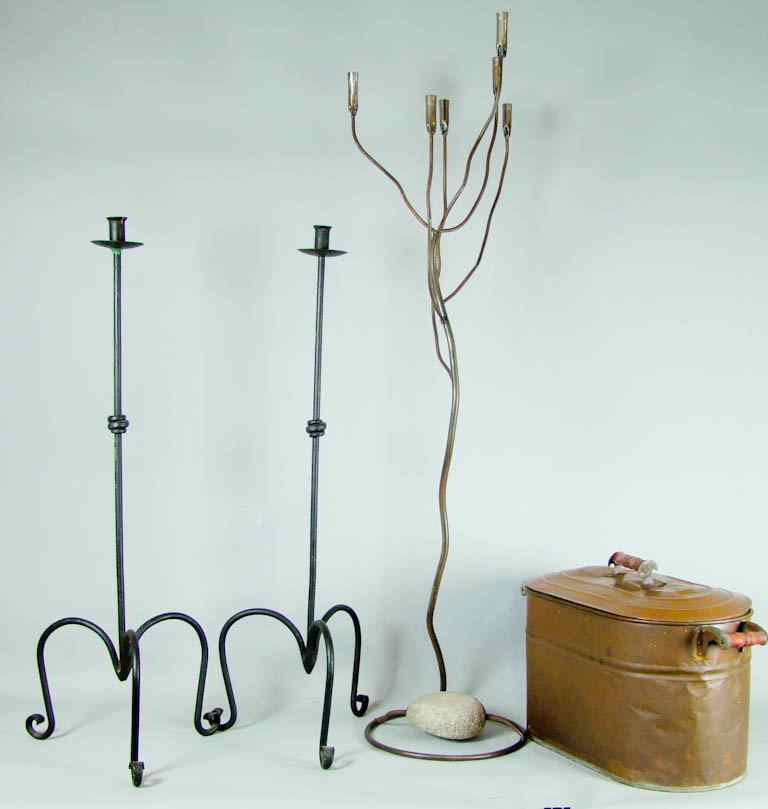 Appraisal: THREE IRON TALL CANDELABRA AND A COPPER COVERED POT Including