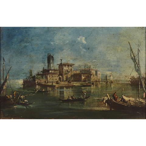 Appraisal: Circle of Giacomo Guardi - CAPRICCIO OF A VENETIAN WATERWAY