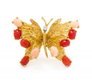 Appraisal: An Karat Yellow Gold Coral and Diamond Butterfly Motif Brooch