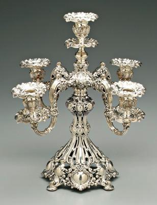 Appraisal: Silver plated five cup candelabra ornate scroll decoration no monogram