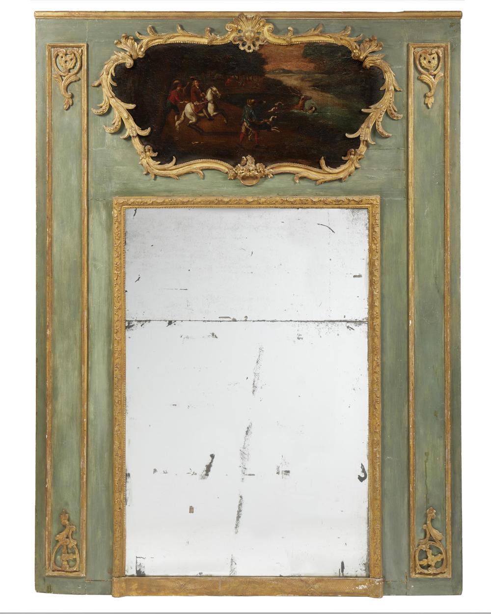 Appraisal: A large Louis XVI-style green trumeau mirror th Century The