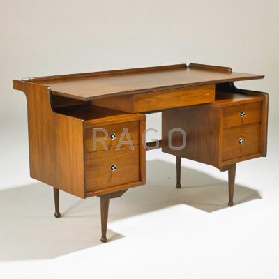 Appraisal: HOOKER Double-pedestal desk USA s Walnut brushed and enameled aluminum