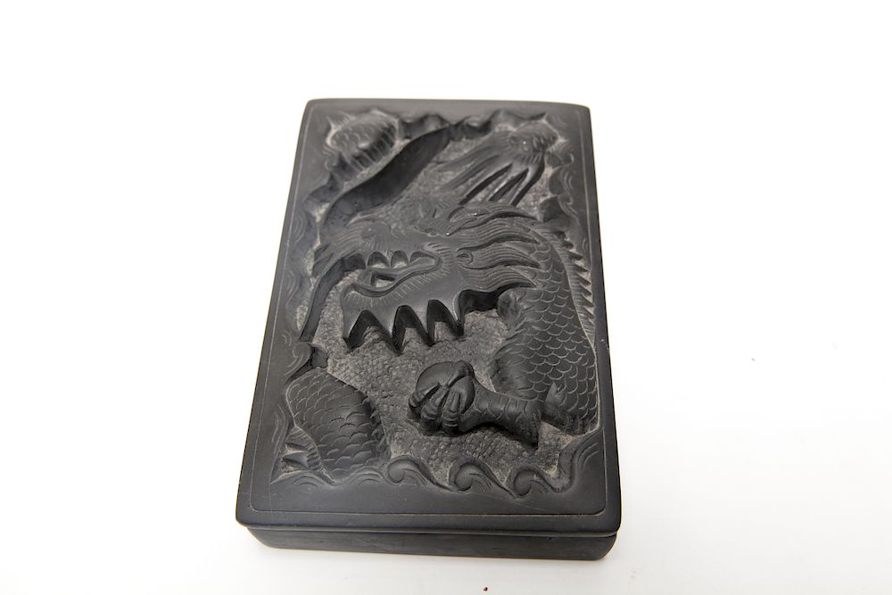 Appraisal: Chinese Black Stone Ink Box w Relief Carved Dragon Chinese