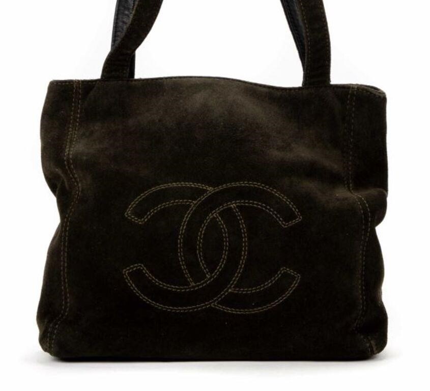 Appraisal: Chanel CC shoulder bag in dark green suede with gunmetal-tone