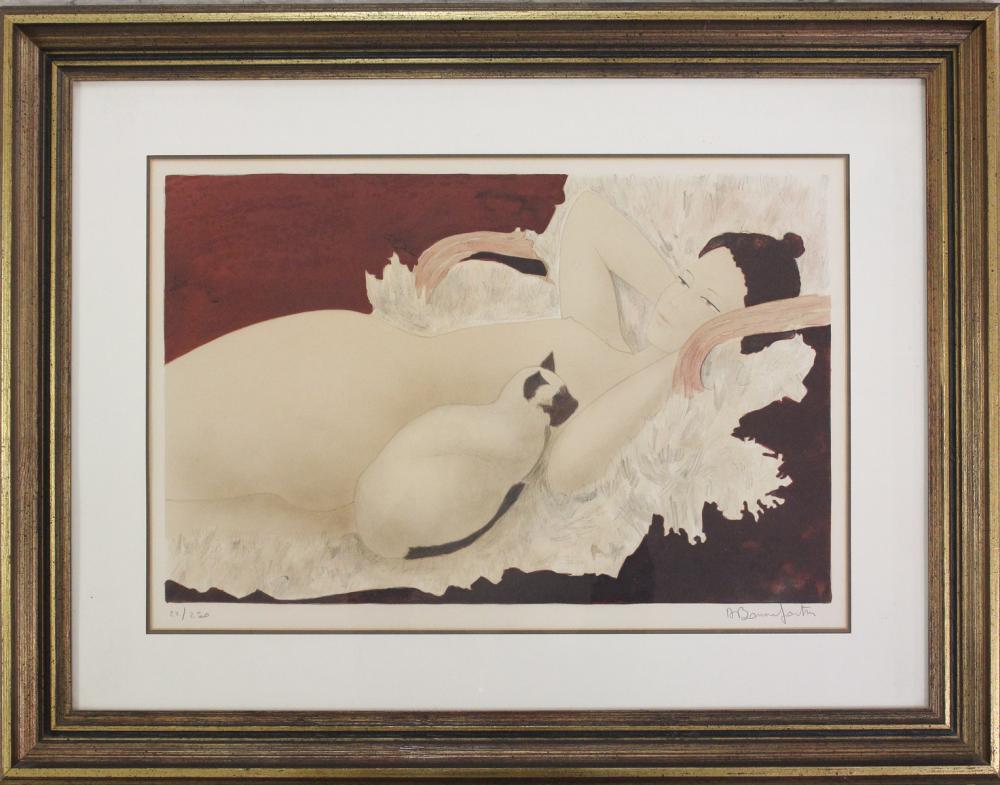 Appraisal: ALAIN BONNEFOIT France born lithograph reclining nude with Siamese cat