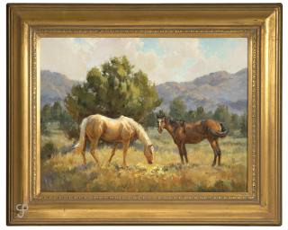 Appraisal: Shawn Cameron Two horses at pasture one palomino one bay