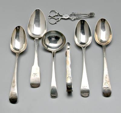 Appraisal: Seven pieces English silver flatware serving spoons ladles tongs various